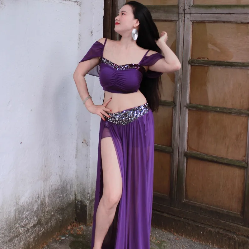 Aangepaste buikdanskostuums paarse prestatieset sexy klasse jurk groot formaat Indiase kleding dames exotische danskleding