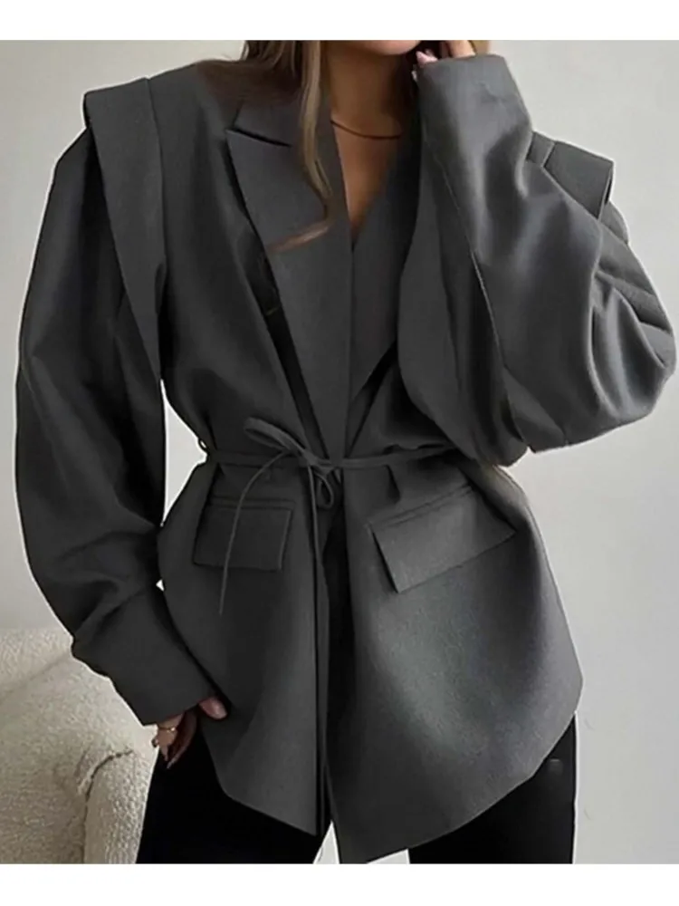 Spring And Autumn Temperament Commuting Versatile Top New Women's Fashion High-end Waist Tie Lapel Shoulder Pad Suit Jacket
