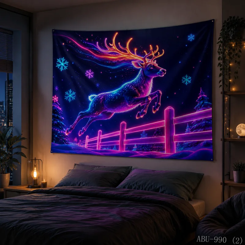 VIKAMA Neon Aura Leaping Deer Starry Sky Christmas Tapestry High Definition Background Cloth Holiday Atmosphere Room Decoration