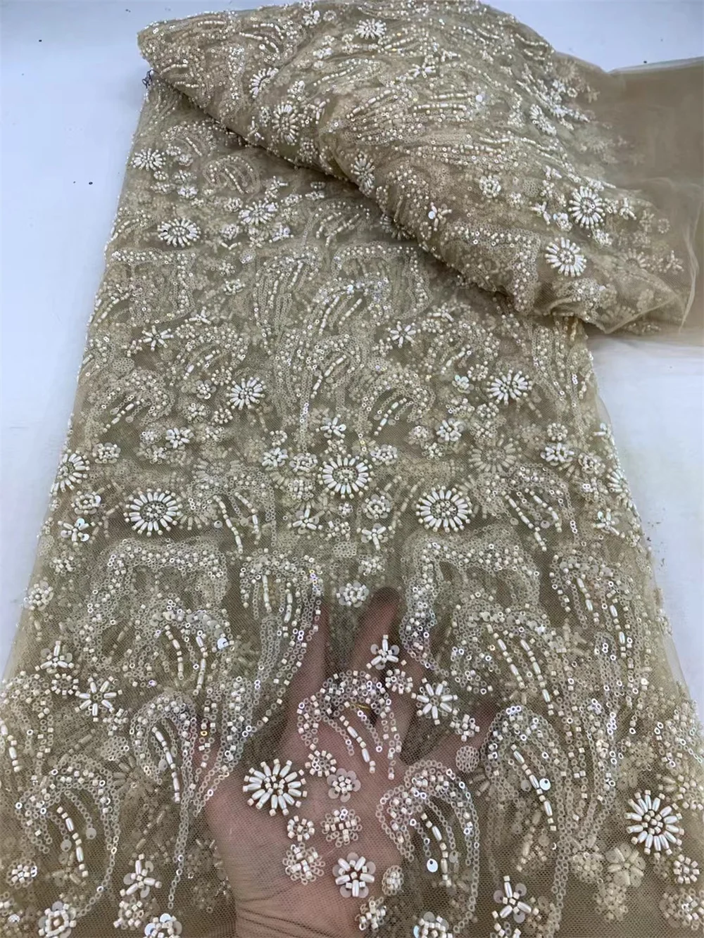 High Quality Lace Dubai Crystal Beaded Fabrics 2024 Luxury Sequins Laces Fabric For African Wedding Elegant Lace Fabrics W326-1