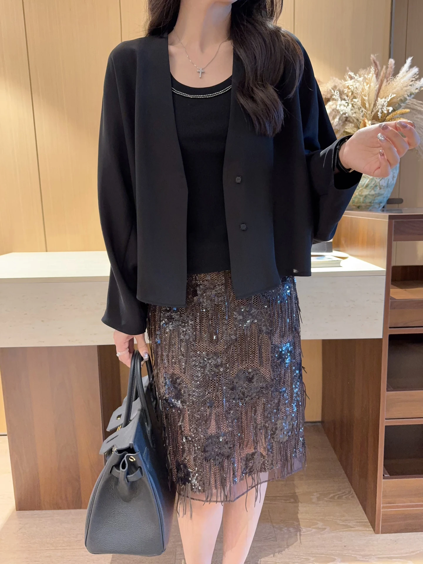 

Elegant Silk Long Sleeve Commute Top Women's Batwing Sleeve Open Cardigan Jacket Breathable Short Coat Spring Fashion