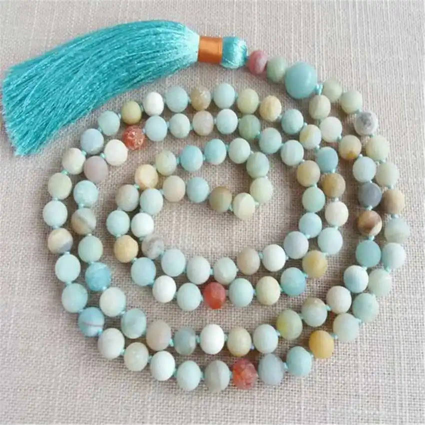 

Handmade Genuine Amazonite 108 Beads Mala Necklace with Turquoise Tassel Meditation Jewelry Gift for Her