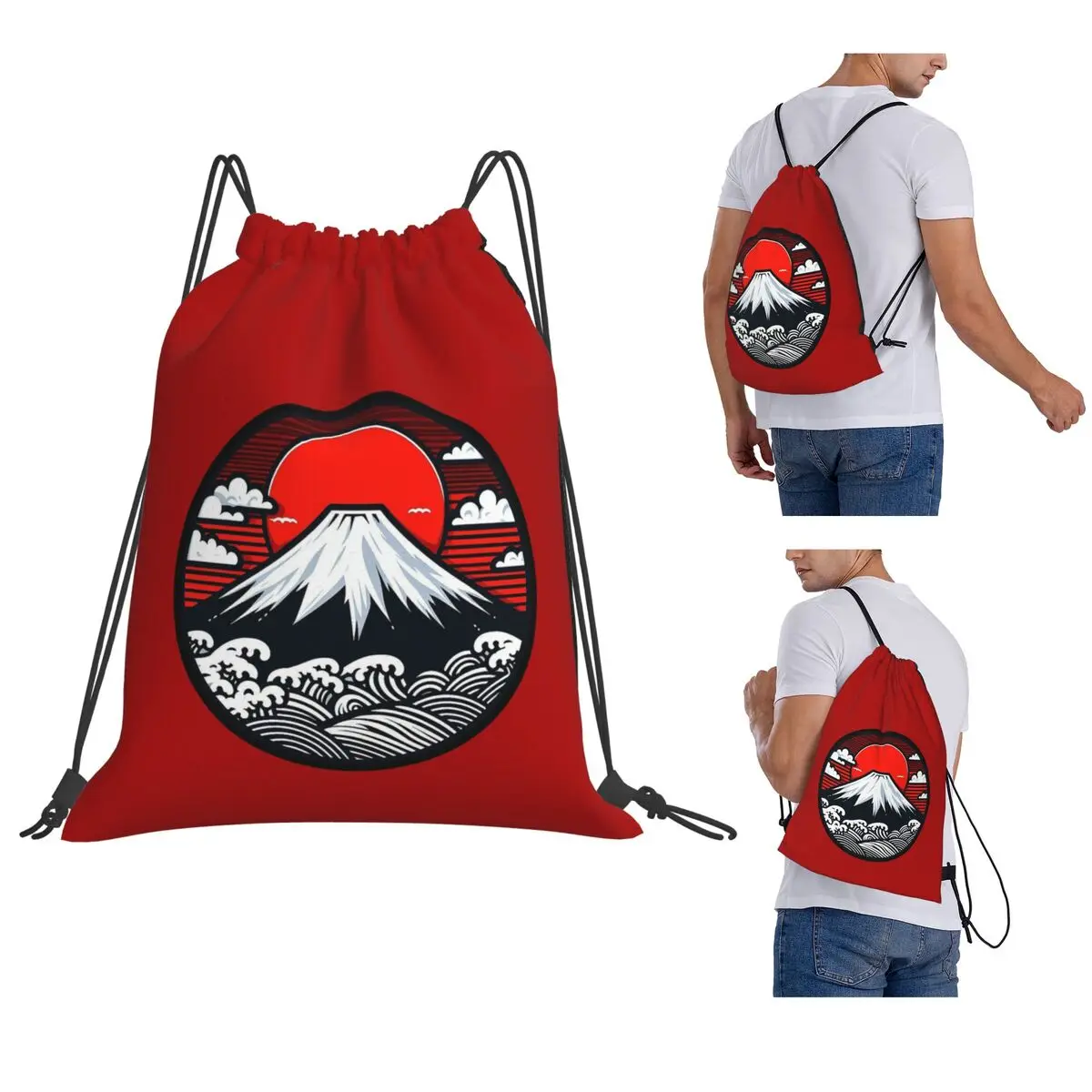 Mount Fuji And The Great Wave Off Kanagawa Backpacks Casual Drawstring Bags Storage Bag Book Bags for Travel Students