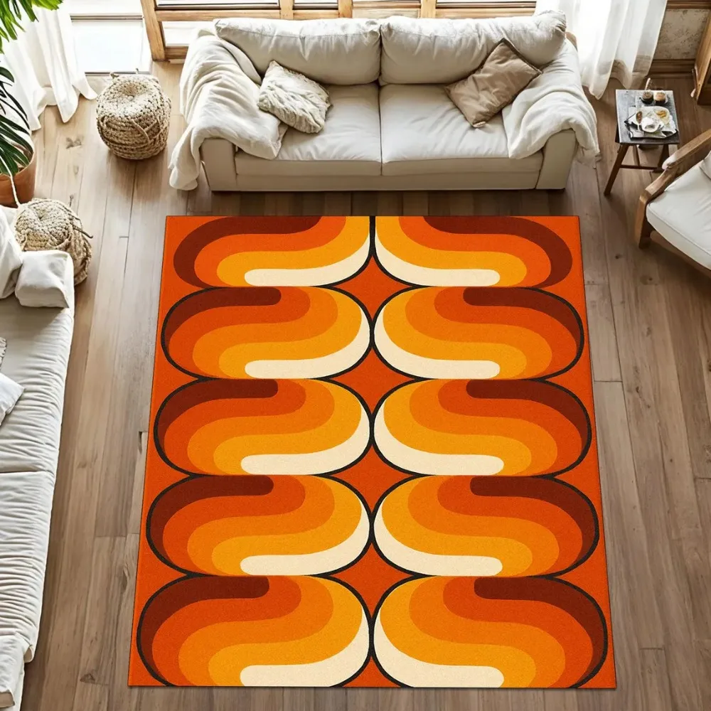 Retro Sunset Arch Pattern Area Rug Orange Groovy Rug for Funky Living Room Decor, Boho Color Pop Style or Vibrant Floor Art