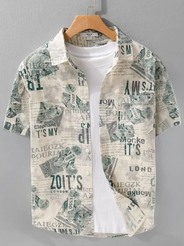 

Men's Casual Loose Cotton Work Shirt Short Sleeve Breathable Comfortable Printed Design Summer Fashion Retro Top