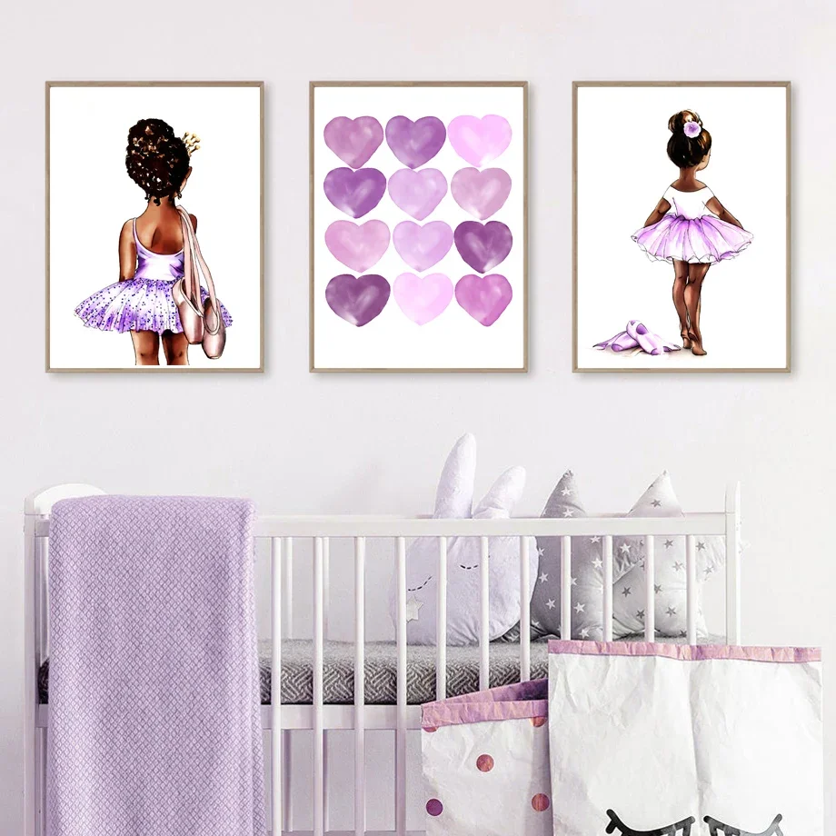 Watercolor Black Ballet Girl Shoes Butterfly Wing Purple Wall Art Prints Poster Canvas Painting Pictures Kids Room Nursery Decor