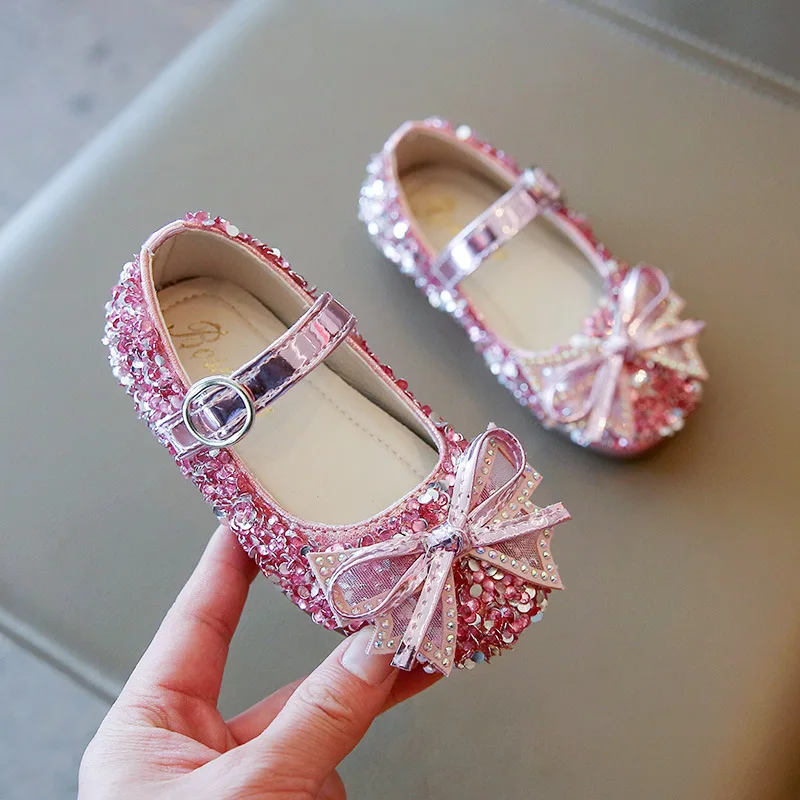

Sequins Dress for Girl Shoes Bow Children Dresses Baby Walker Flats Child Danc Party Shoe Kids Mary Jane Leather Shoe Toddlers