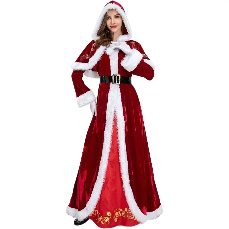 

Mrs Claus Costume Women Santa Claus Dress Christmas Suit with Red Hooded Cape Hat Outfits for Holiday New Year Party Cosplay