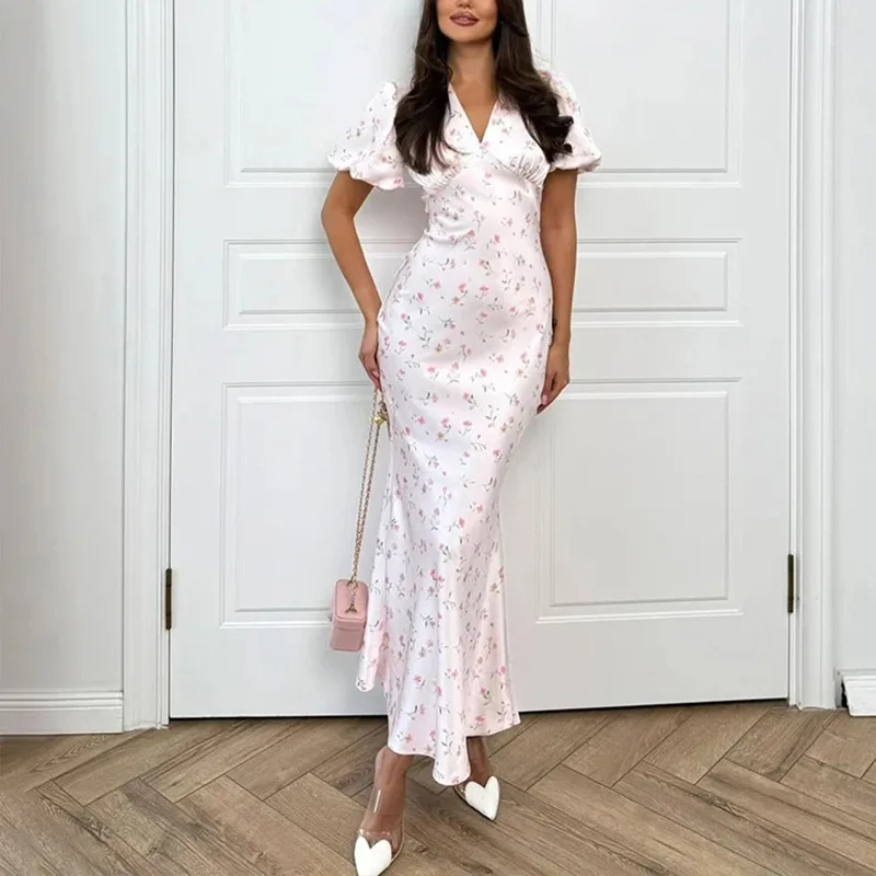 Fashion V Neck Printed Floral Elegant Mermaid Long Dress Women Satin Short Sleeve Slim Dresses Commuting Holiday Party Female
