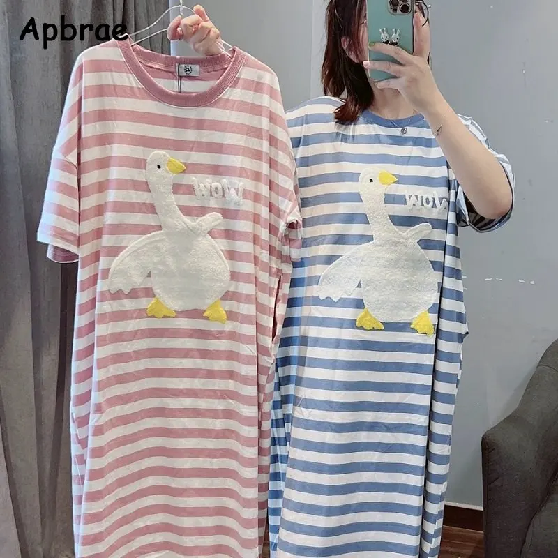 Cute Long Nightgown Summer Woman Milk Silk Kawaii Nightdress Stripe Animal Korean Pajamas Sleepwear Ins Round Collar Home Dress