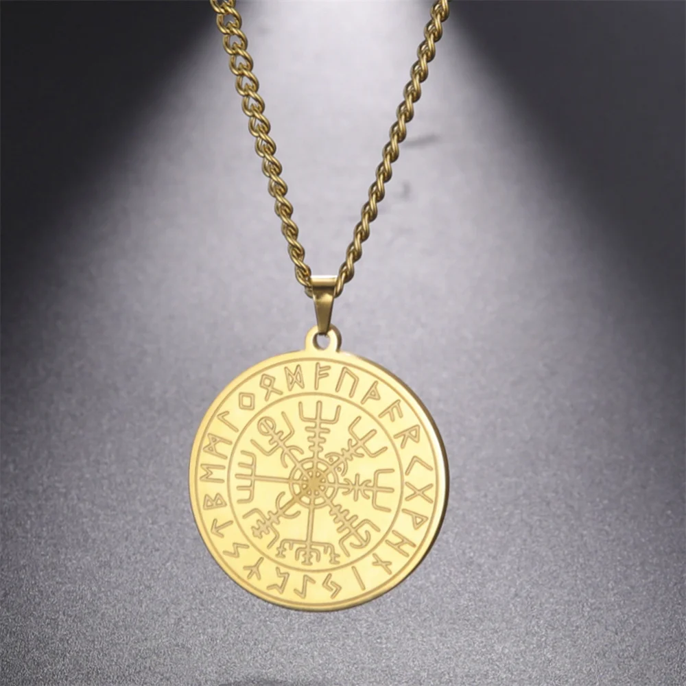 EUEAVAN Vintage Vegvisir Compass Necklaces for Men Stainless Steel Nordic Odin Runes Pendant Necklace Classic Amulet Jewelry