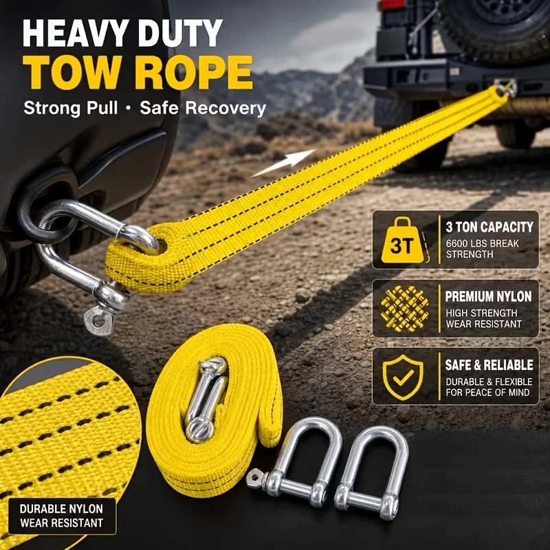 2/1 Piece Set of Heavy-Duty Towing Ropes, Vehicle Rescue Towing Straps, Car Towing Straps, Off-Road Rescue Towing Ropes, Durable Towing Straps with U-Shaped Shackle Hooks, Wear-Resistant and Flexible, Suitable for Outd