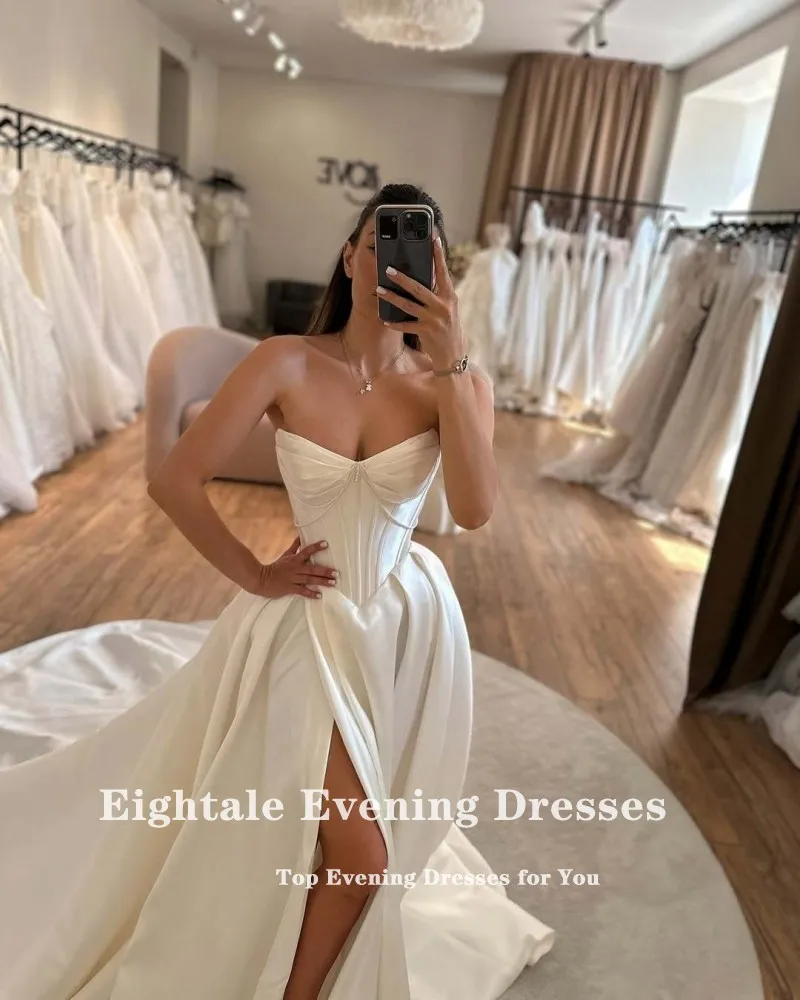 Eightale คําชุดแต่งงานที่กําหนดเอง Sweetheart ลูกปัดงาช้างซาติน High Side Slit A-Line ชุดเจ้าสาว Vestidos De Novia