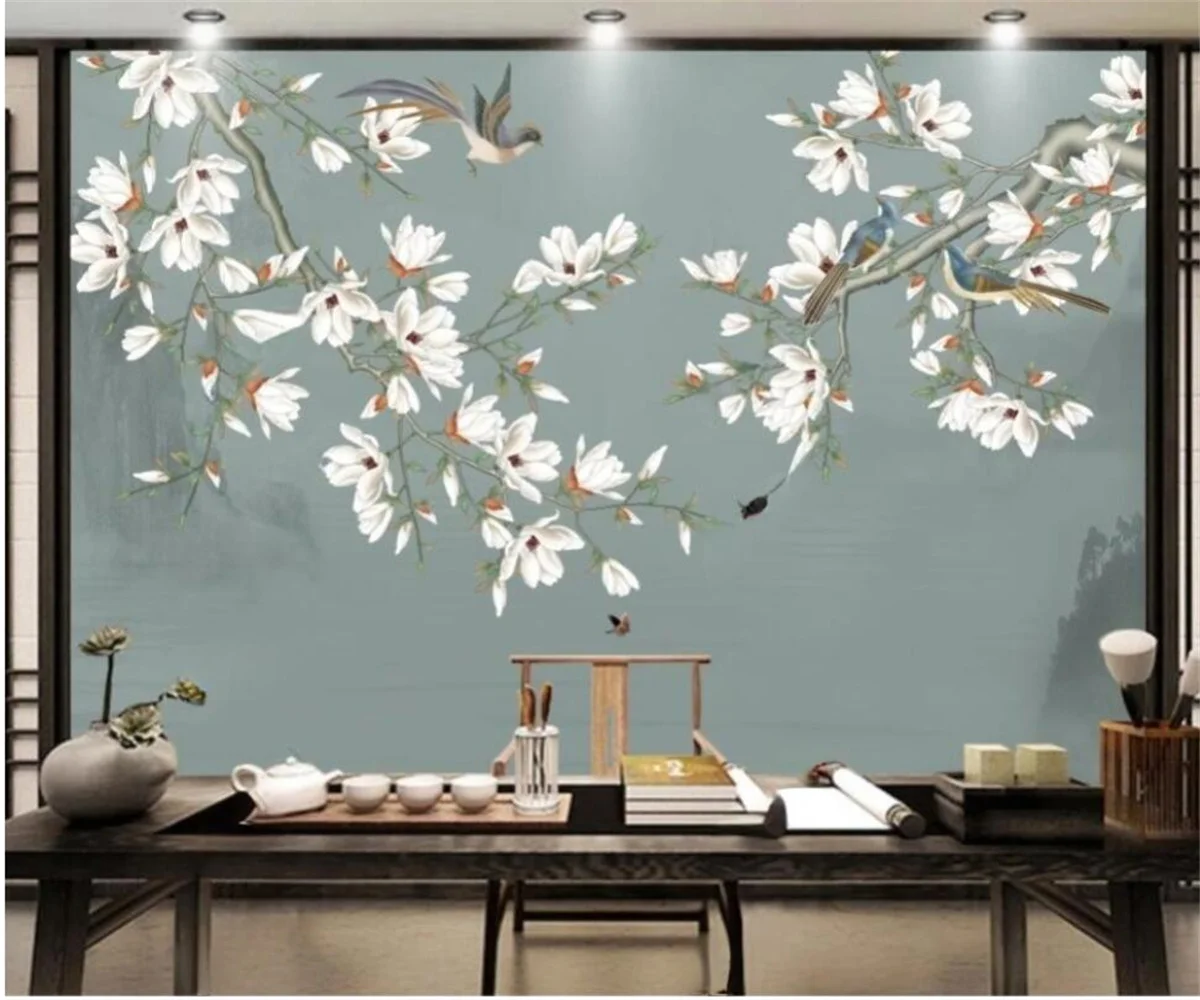 

Custom size wallpaper Chinese flower and bird painting leaves study hotel background wall decorative painting 3d wallpaper
