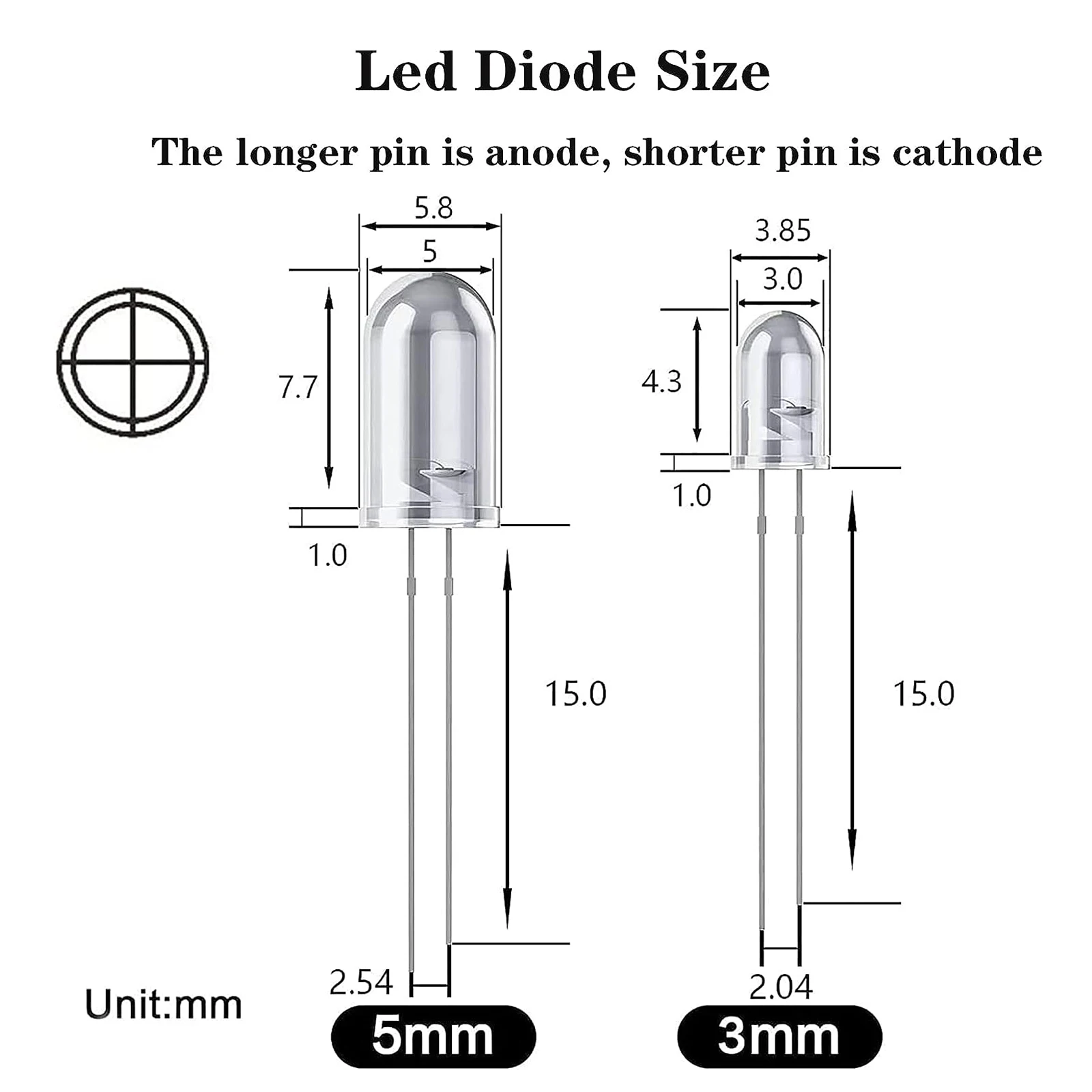 5mm LED Diodes Assortment Kit Light Emitting F5 White Green Red Blue Yellow Orange