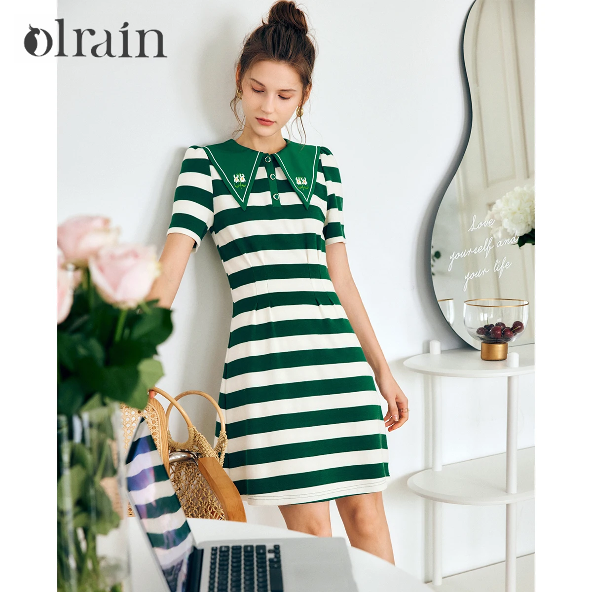 

OLrain Green Striped Summer Mini Dresses Woman 2025 Casual Fashion Short Sleeve Knit T-shirt Dress Female Clothing O22XL62528
