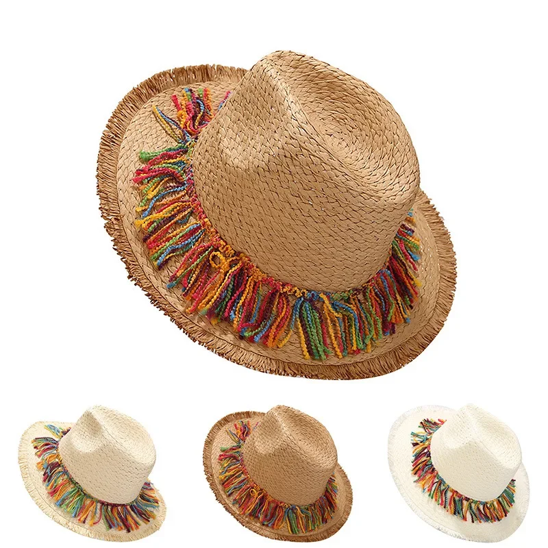Colorful Tassel Straw Sun Hat Women, Korean Style Wide Brim Beach Hat for Vacation, UV Protection Resort Wear