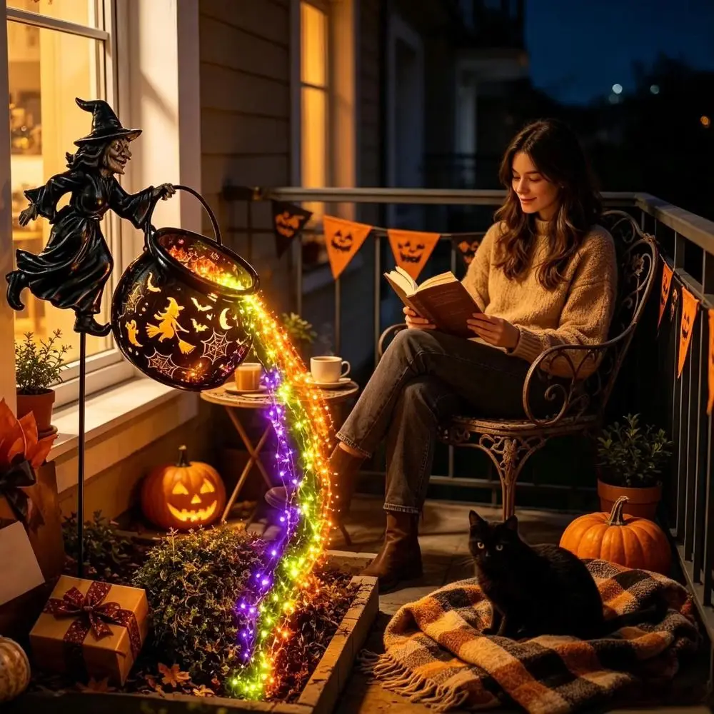 Flying Witch LED Witch Cauldron Light Colorful Hollow LED Flowing Light Flowing Stake Halloween Light Farm Backyard