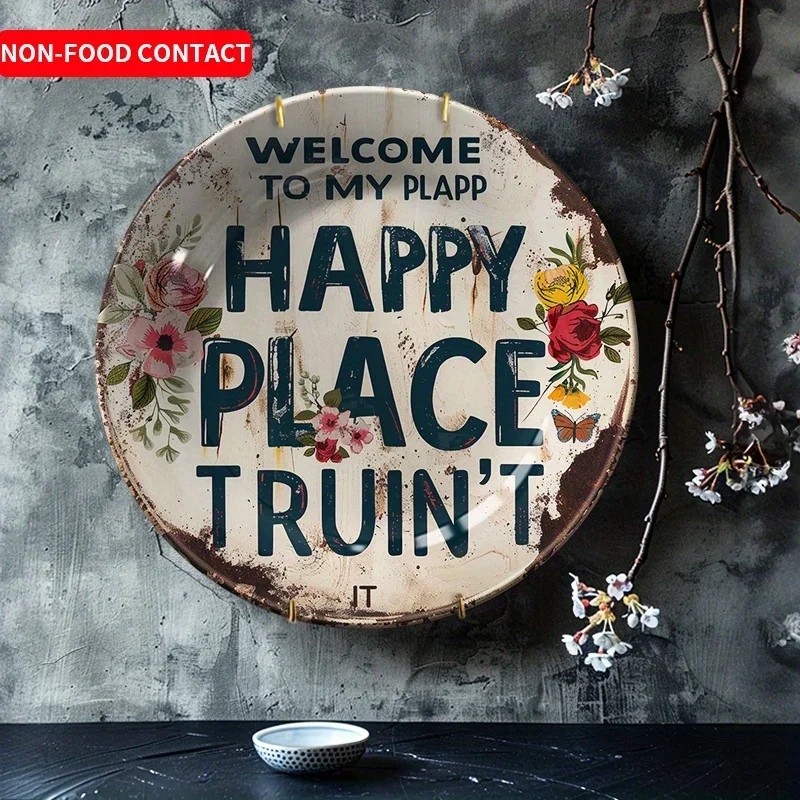 1pc Happy Place Trout' Ceramic Wall Hanging Decorative Plate - Round Art Deco Style, Non-Food Contact, Ideal for Home, Living