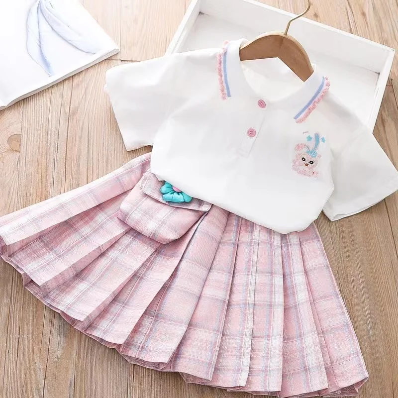 Japanese Embroidery Junior Uniform Girls 2PC Tshirt and Skirt Summer for Schoolchild Pleated Skirts and Tops Outfits Children