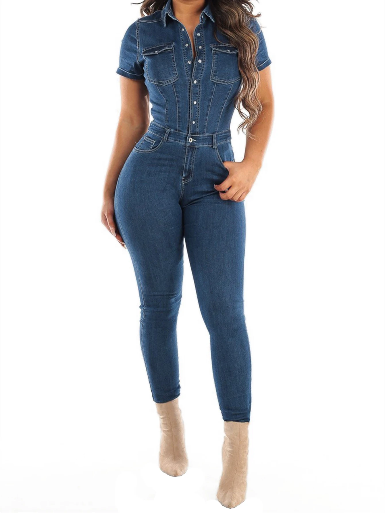 

Women Denim Jumpsuits Short Sleeve Skinny Fit Long Pants Jeans Rompers Streetwear