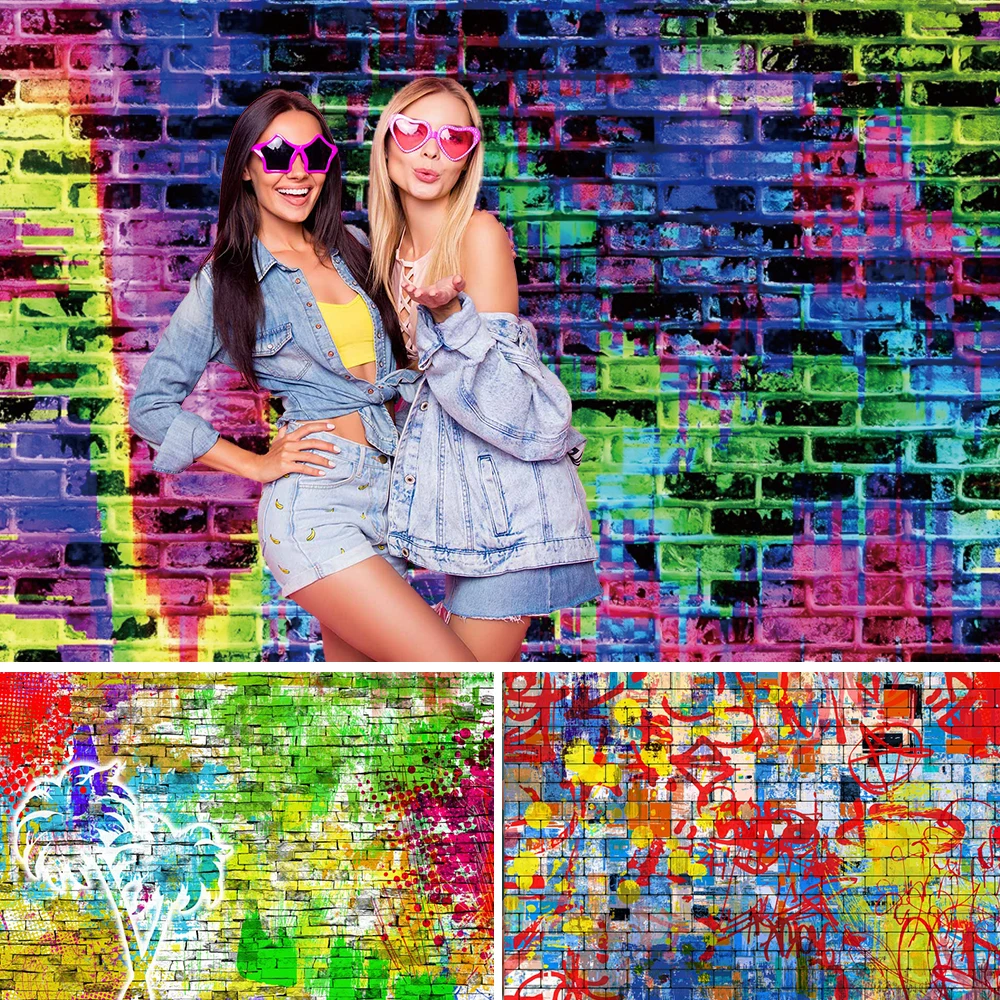 

Happy Birthday Party Backdrop Color Graffiti Brick Wall Baby Portrait Photographic Photography Background Photo Studio Shoots