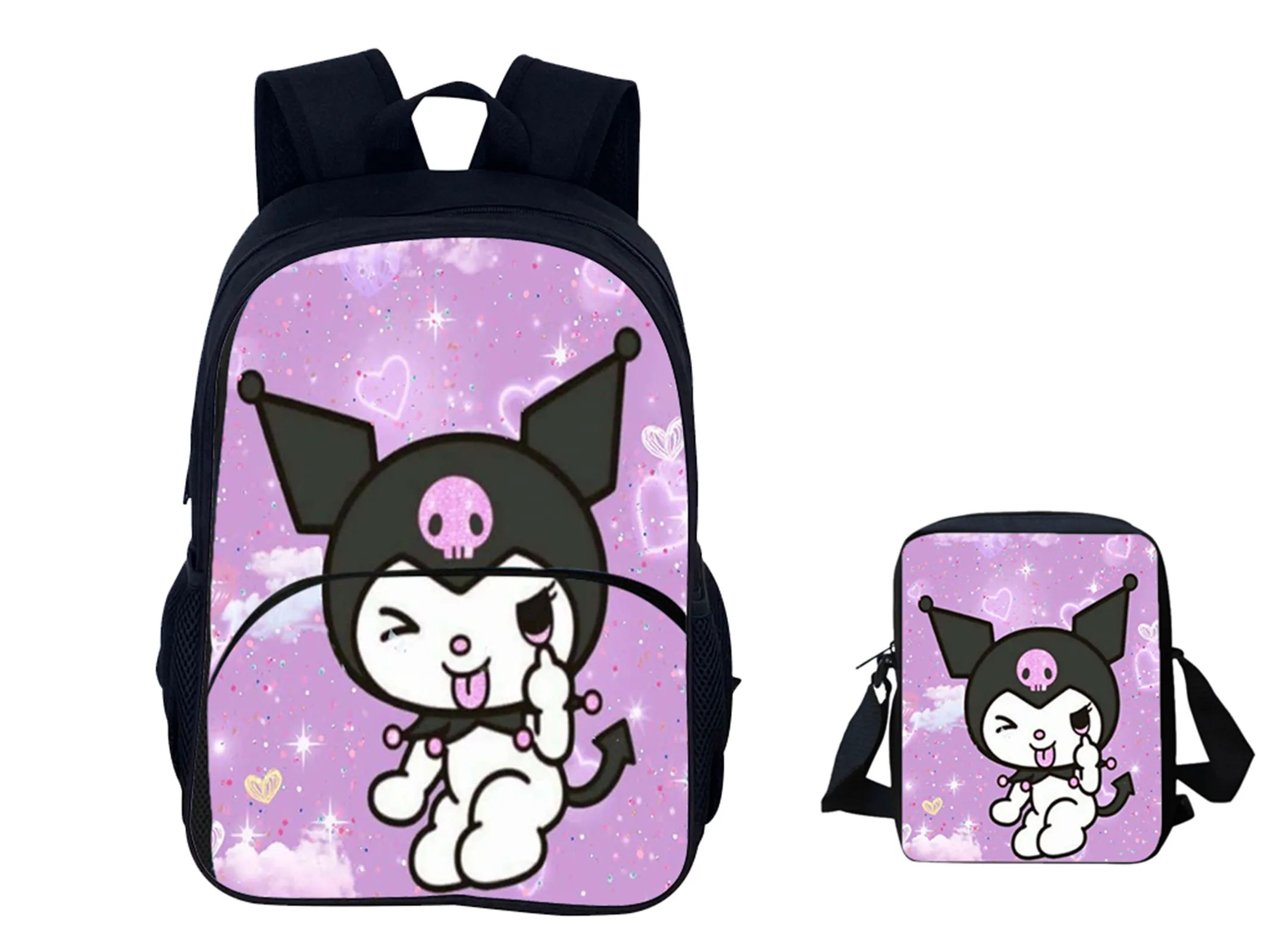 

Kuromi Novelty Kid Daypack 2 in 1 Set-Front Pocket Backpack and Lightweight Waterproof Side Bag for School