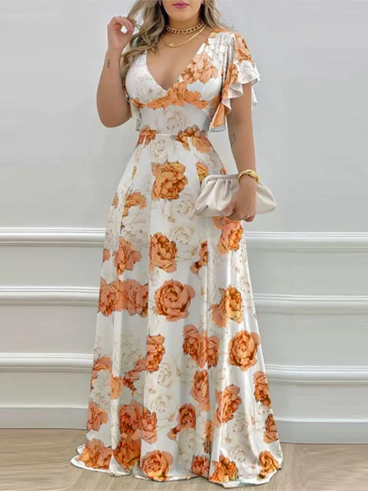 

Temperament Dress Wedding Dresses For Ladies 2026 Vestidos A-line Casual French V-link Lotus Leaf Sleeves Printed Tighten Waist