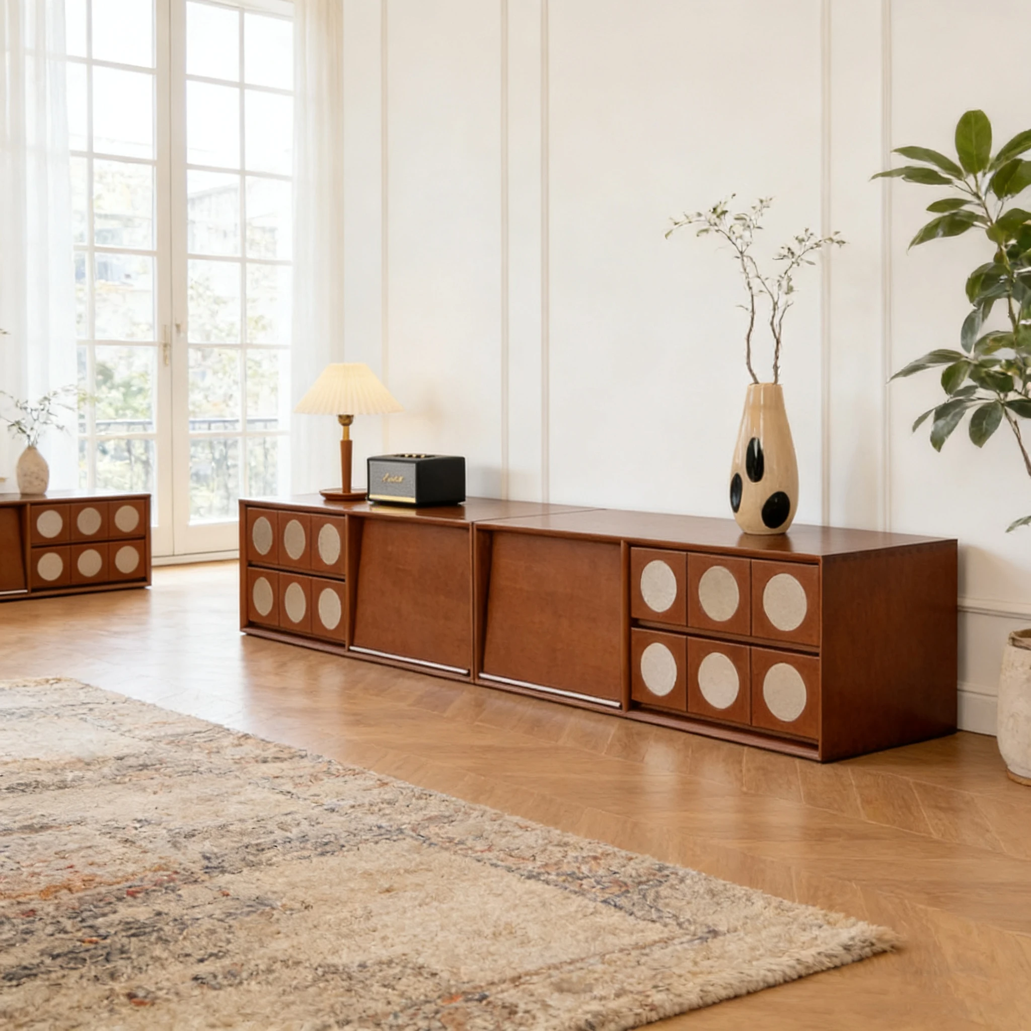High End Mid Century Statement TV Stand with Circular Inlay Details for Vintage Inspired Home
