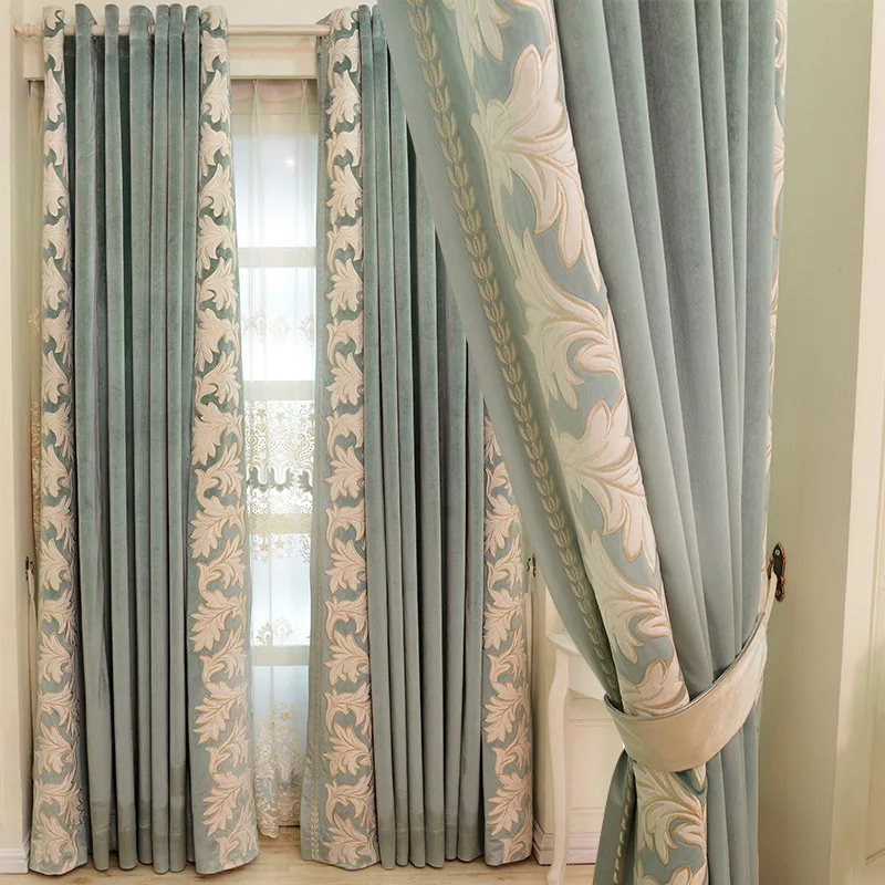 

Luxury Highend European Style Bedroom Living Room Finished Product with High Shading Embroidered Velvet Fabric Splicing Curtains