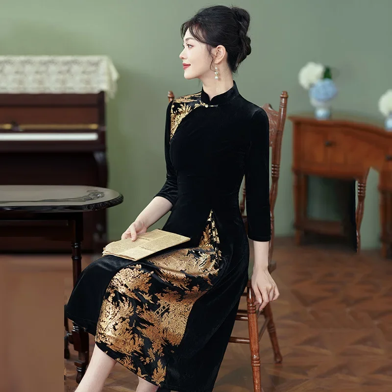 

Осенне-зимняя одежда, бархатное платье Ципао в новом китайском стиле, улучшенное женское платье Ципао с длинными рукавами в стиле ретро