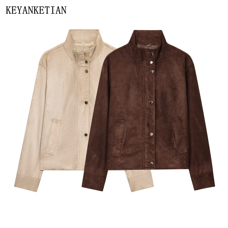 

KEYANKETIAN 2025 Winter New Women's Suede effect Jacket Retro style Mock Neck Double Pockets Short Zipper Casual Coat Outerwear
