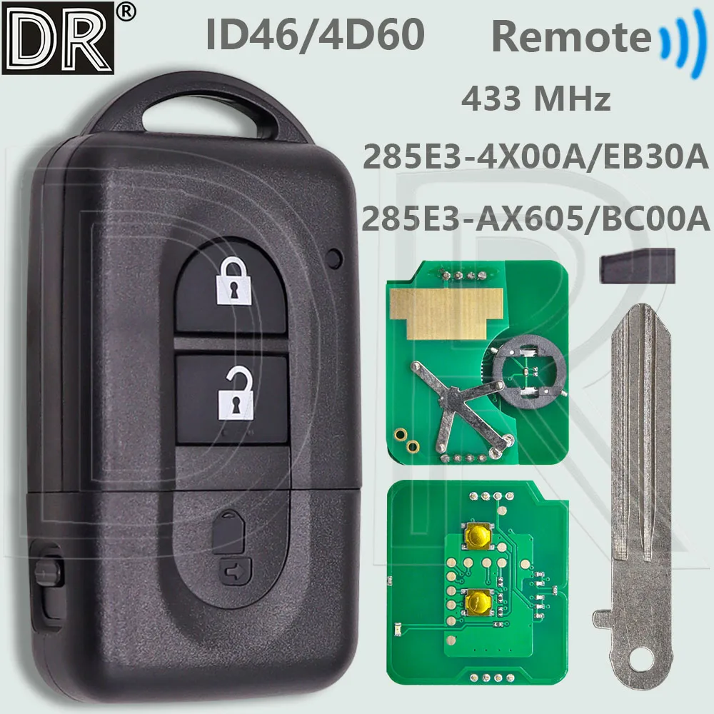 

DR 285E3-4X00A/EB30A/AX605/BC00A ID46/4D60 Chip 433MHz Car Remote Key For Nissan Xtrail Qashqai Note Pathfinder Micra NV200 K12E
