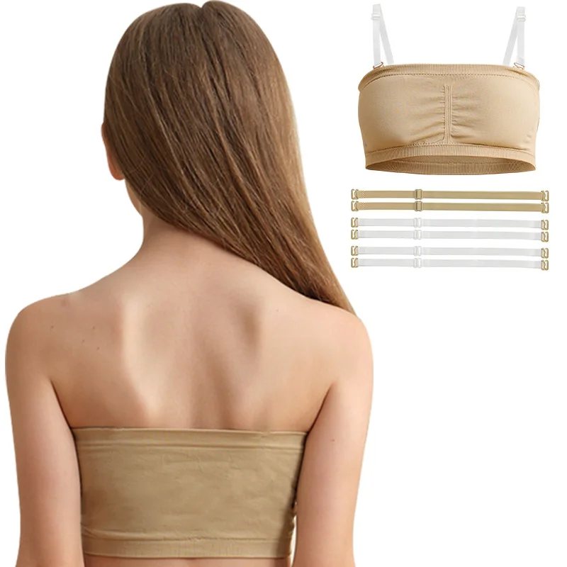 Бюстгальтер-бандо для девочек, бесшовные тренировочные бюстгальтеры с прозрачными бретелями для девочек, гимнастический, танцевальный спортивный укороченный топ с подкладкой на груди