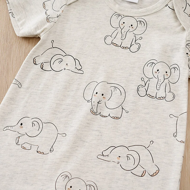 Summer Boys and Girls Cute Cartoon Elephant All Cotton Comfortable Casual Round Neck Short Sleeve Baby Bodysuit