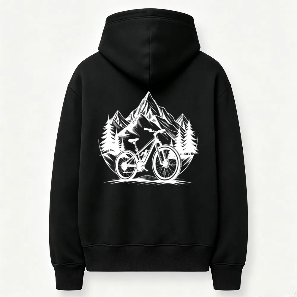 Mountain Bike Sketch Mountain Pine Tree Graphic Hoodie Forest Cycling Pullover Sweatshirt Biker Outdoor Adventure Casual Tops