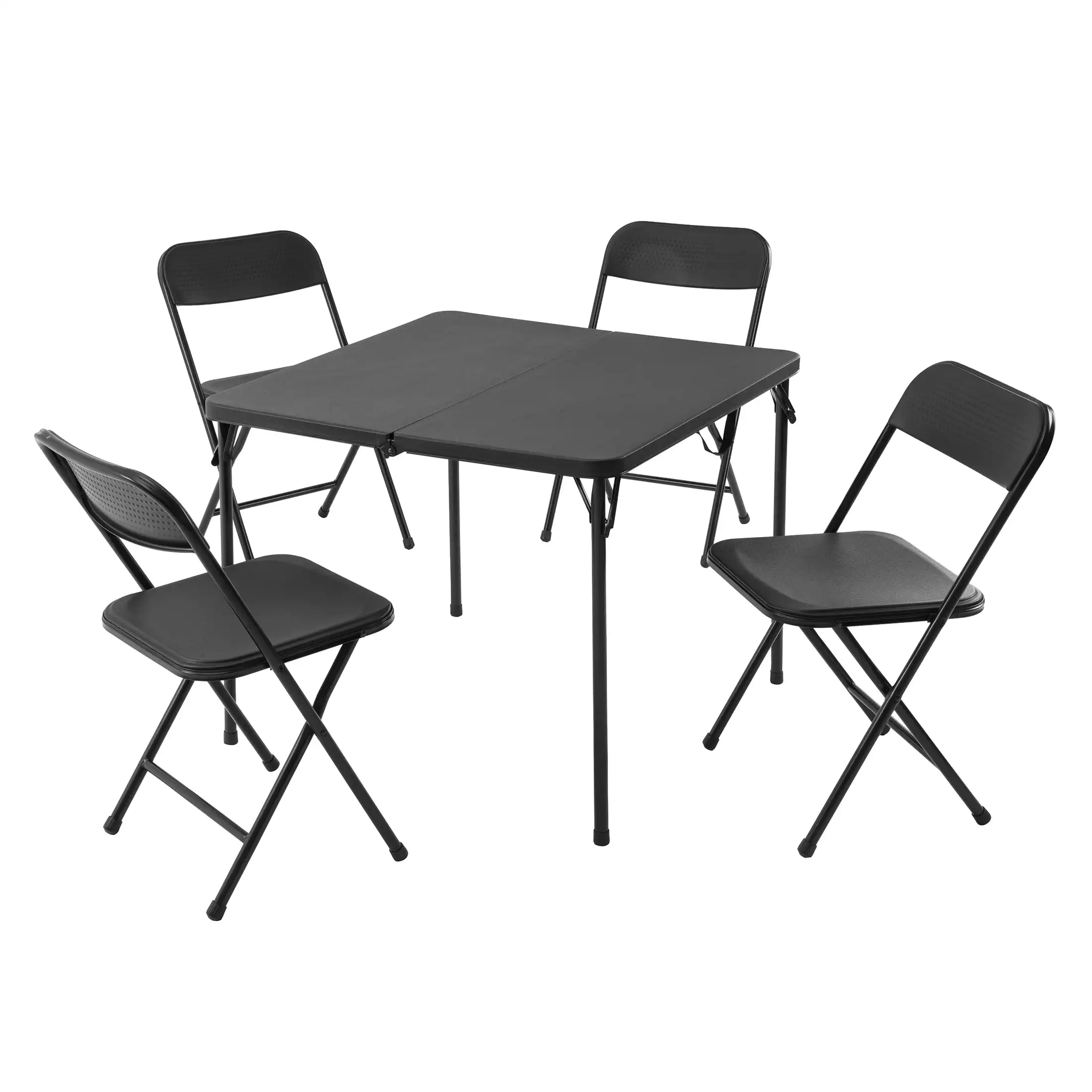 Mesa plegable con tarjeta de resina, juego de cuatro sillas plegables, color negro, 5 piezas