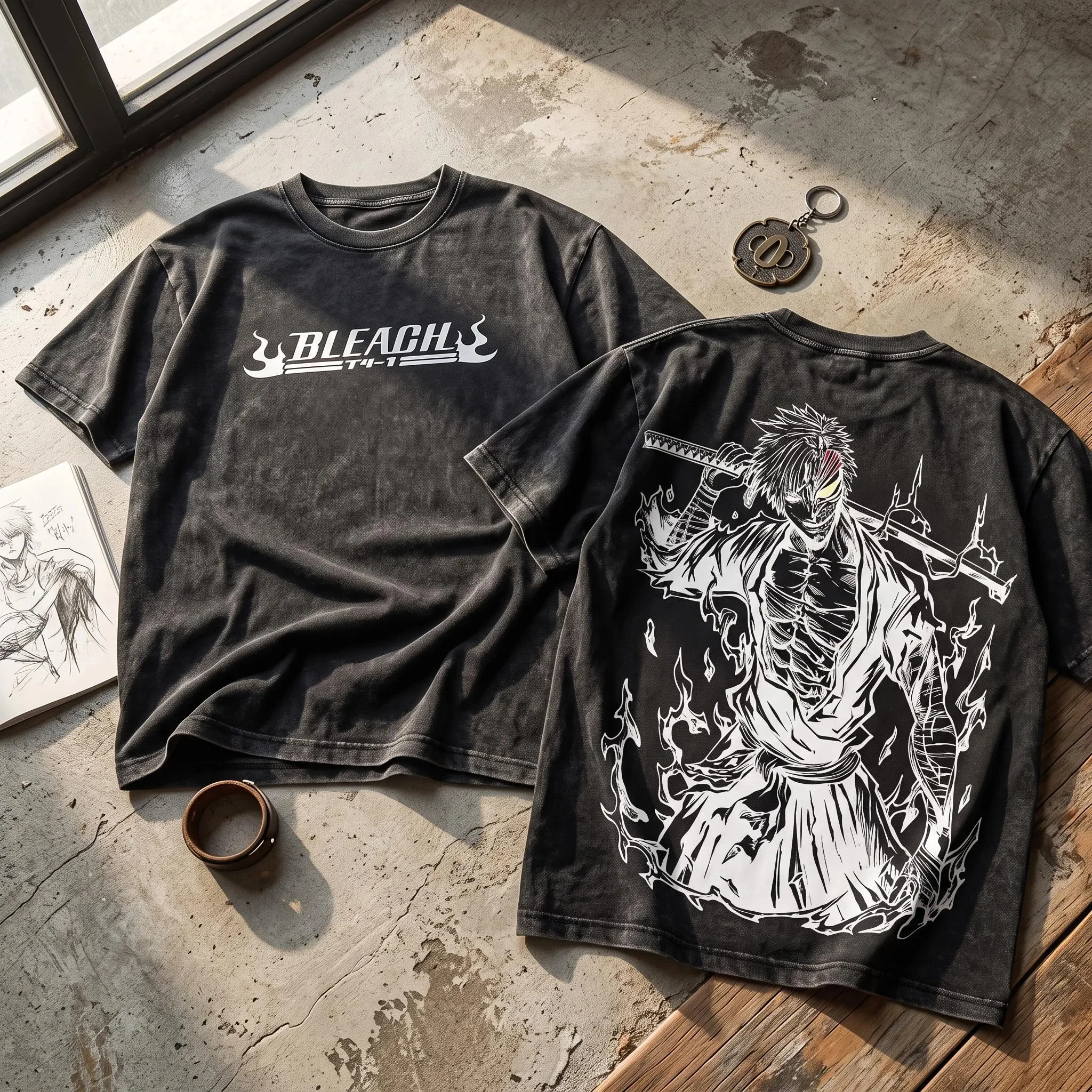 Bleach: Thousand-Year Blood War Ichigo Kurosaki Oversized Vintage T-shirt Washed Cotton Anime Manga Y2K Streetwear Men's T Shirt