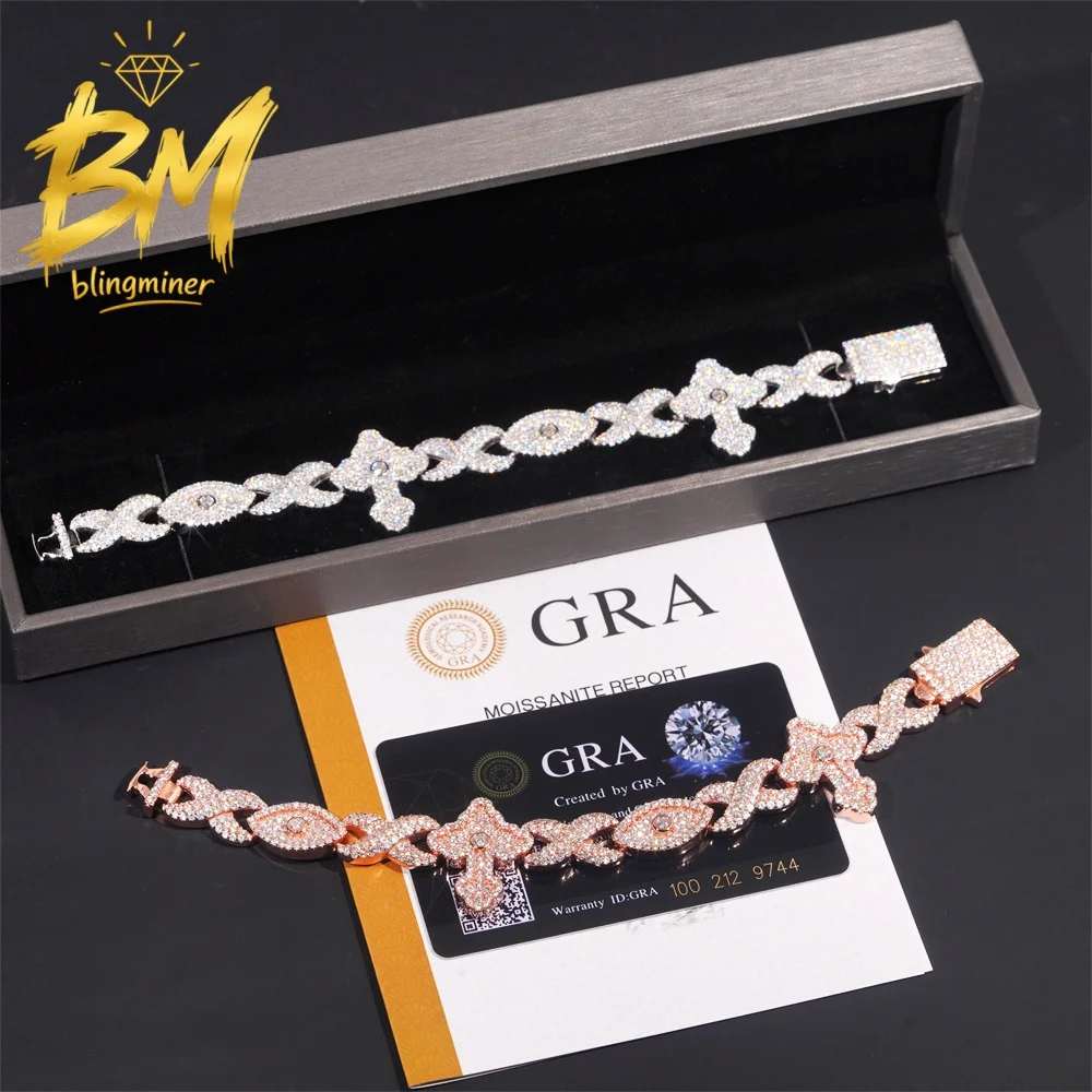 Blingminer Cross Eyes Design 12mm Iced Out VVS Moissanite Cuban Link Bracelet For Men S925 Silver Jewelry Pass Diamonds Tester