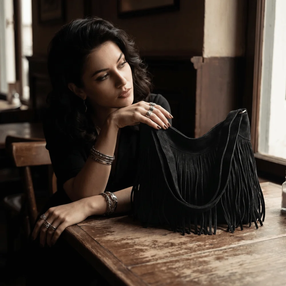 Luxury Retro Bohemian Tassel Crossbody Bag Large Capacity Polyester Tote Bag Matte Solid Color Faux Suede Shoulder Bag Travel