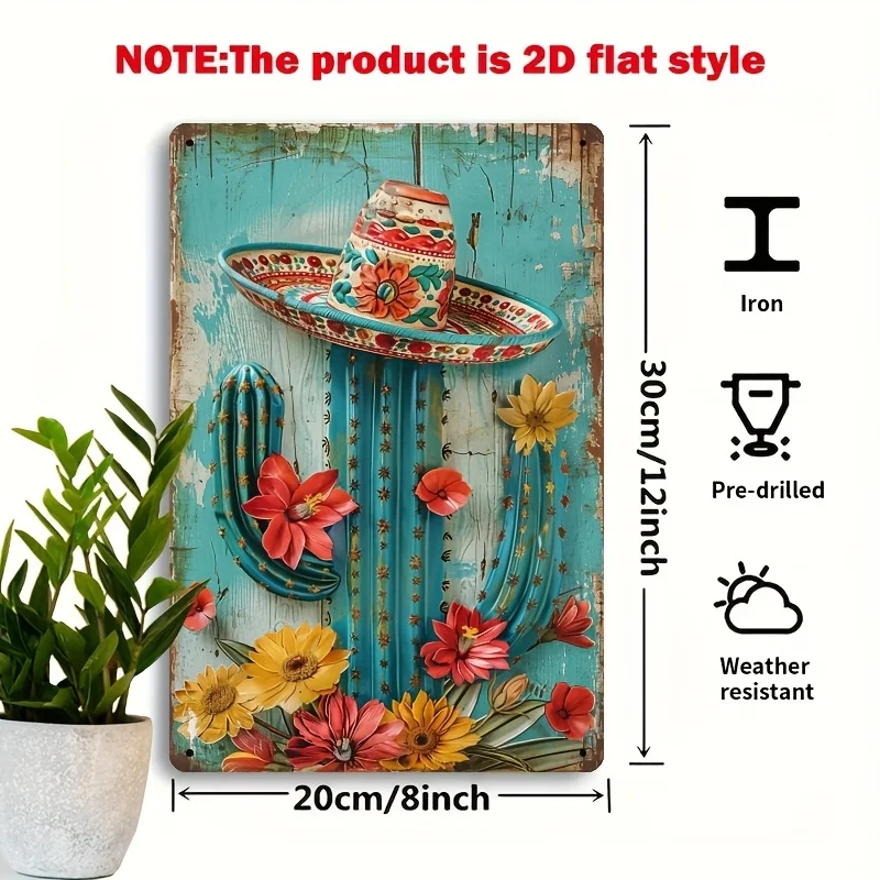 [2D Flat] Vintage Cactus Metal Tin Sign with Sombrero - Rustic Teal Blue Wall Art, 20.32x30.48 cm, Colorful Floral Design, Indoo