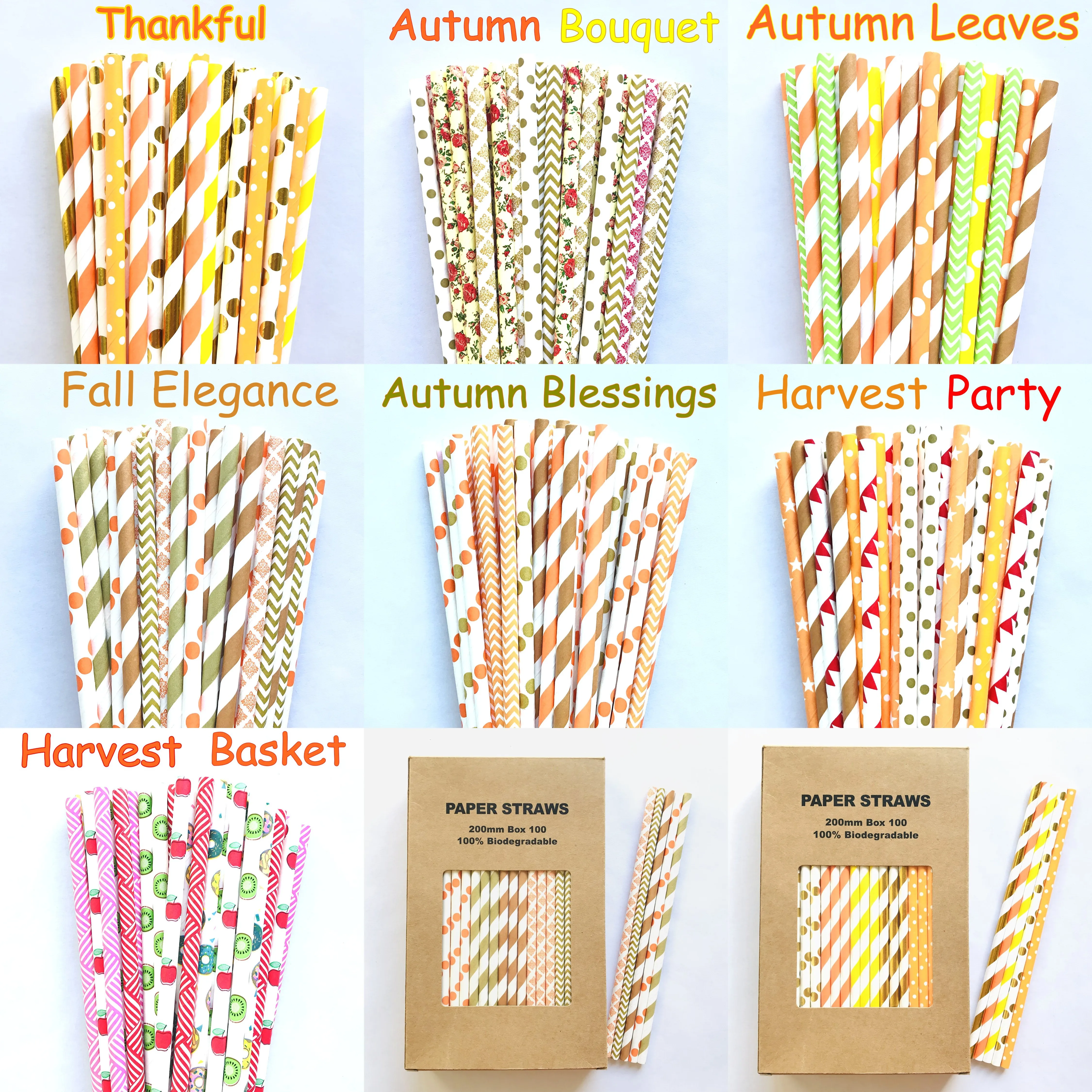 

100 Pcs/Box Mixed Harvest Autumn Fall Thanksgiving Paper Straws-Brown Gold Orange Yellow Fruit Picnic Dinner Party Table Decor