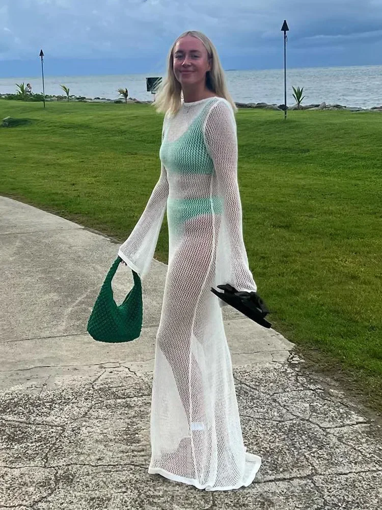 Knitted Hollow-out Backless See Through Dress Round Collar Long Sleeve High Waist Dresses Women Seaside Holiday Sunscreen Dress