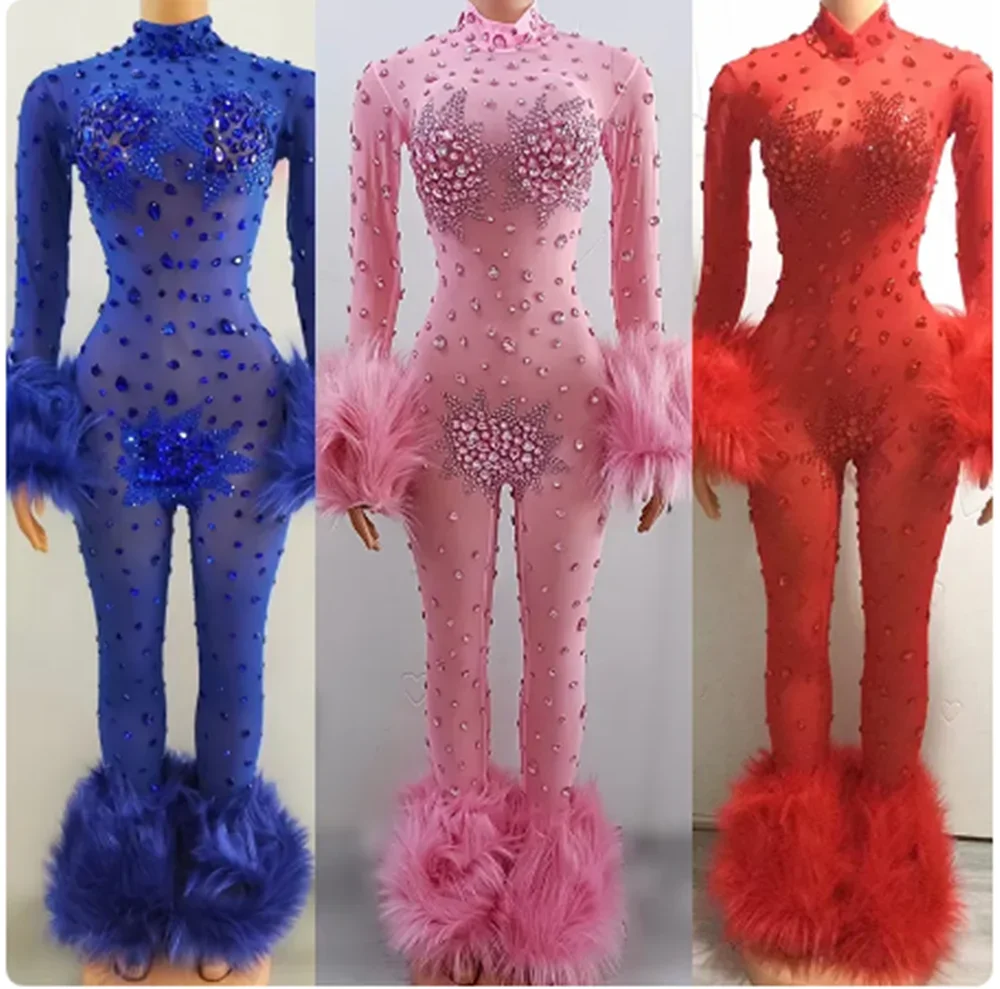 

Club Singer Rhinestones Jumpsuit Nightclub Bar Gogo Dance Clothing Multi Colors Stretch Bodysuit Drag Queen Costume