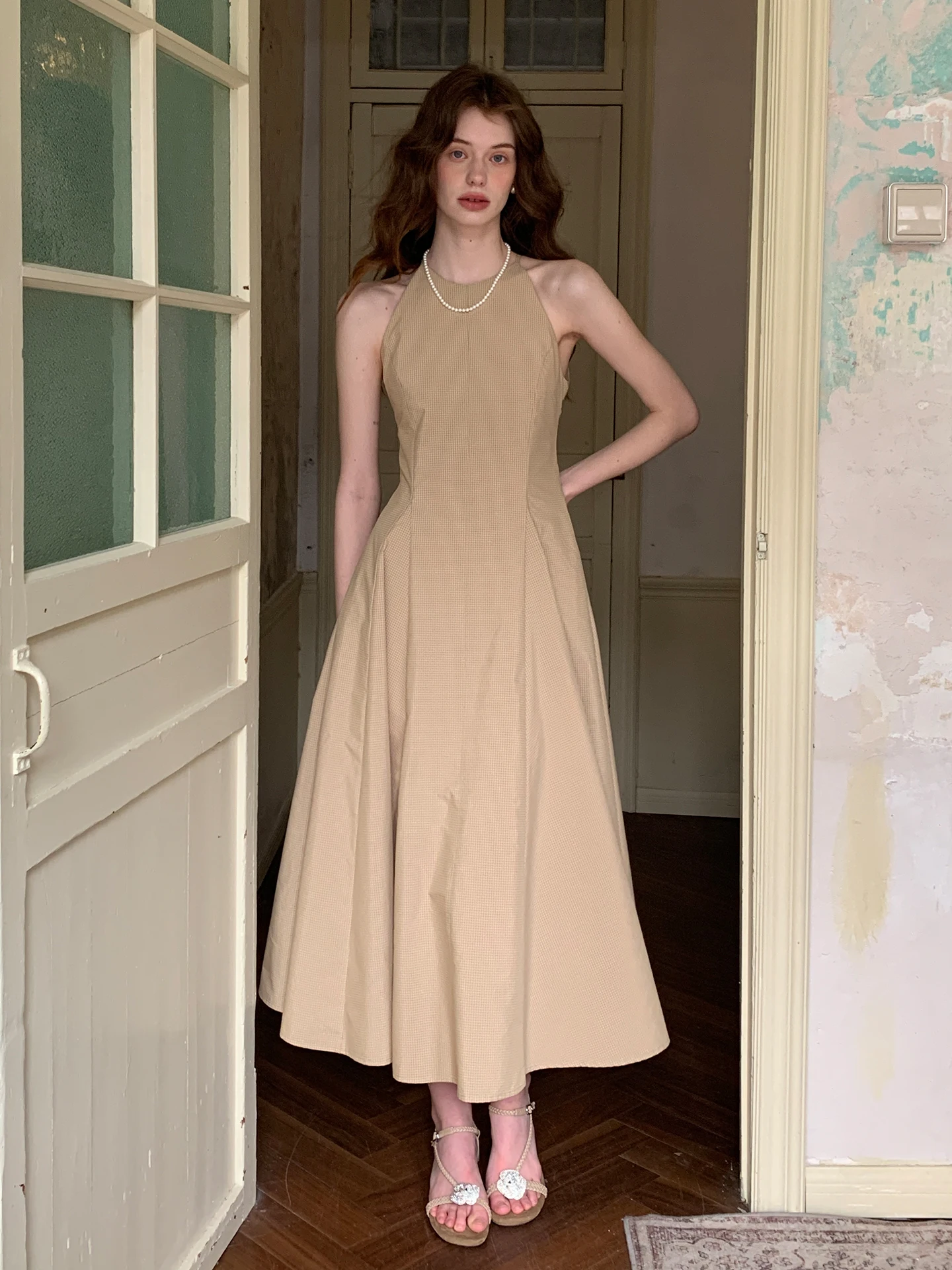 

High Waist A-Line Dress Kaki Color Sleeveless Women's Summer Slimming Long Dress Original Design French Style Zipper Clo...