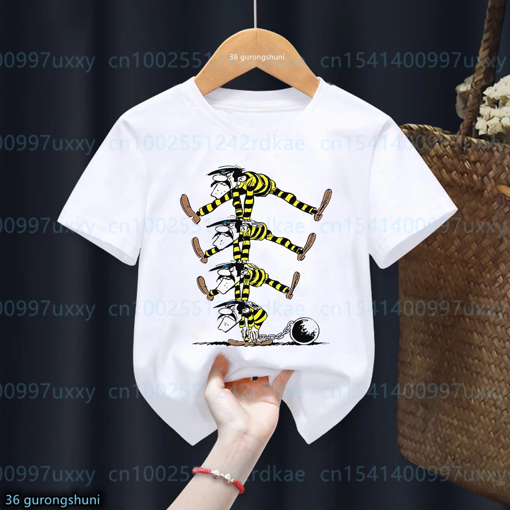 Camisetas divertidas con estampado de dibujos animados de los Daltons para niños, camiseta informal de moda para niñas, ropa para niños, camisetas blancas con cuello redondo