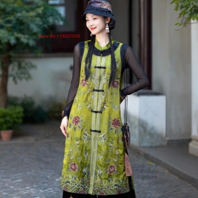 2025 chinois vintage hanfu hauts traditionnel satin jacquard col montant gilet rétro fleur broderie folk gilet sans manches veste