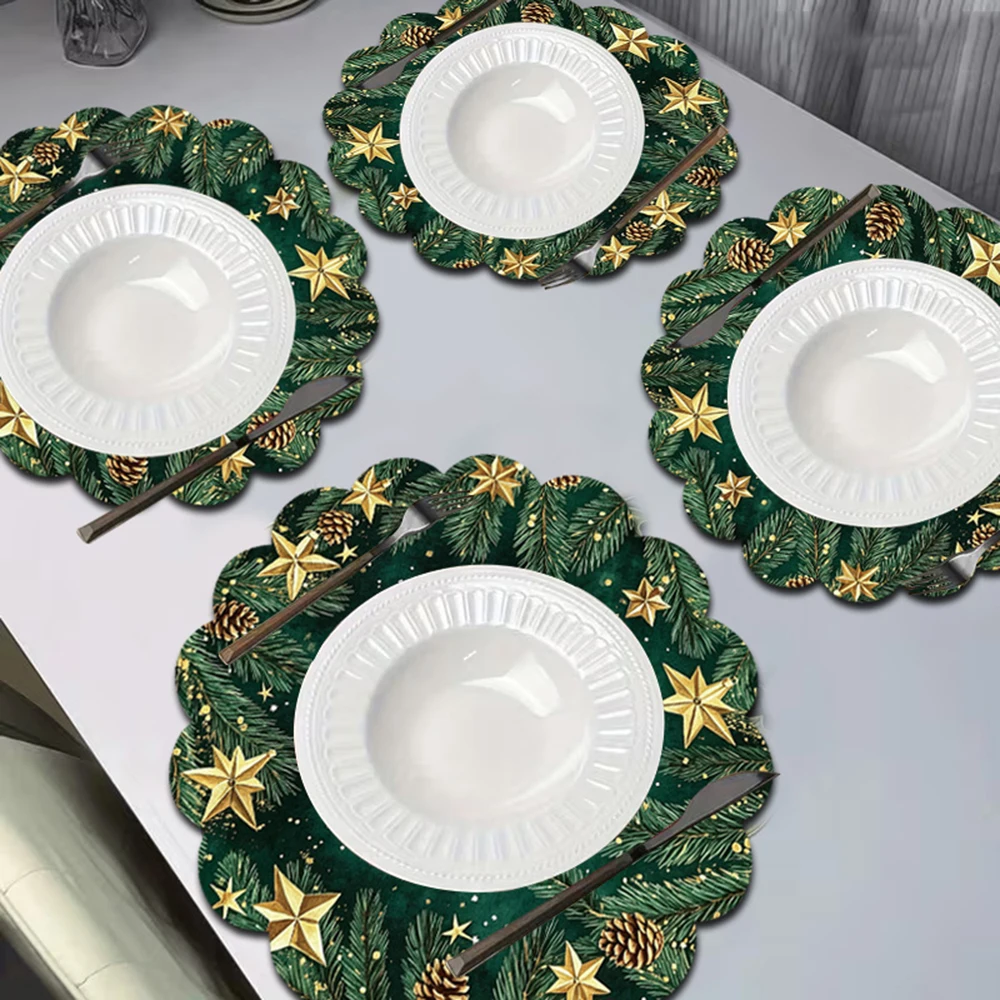 Green Golden Star Merry Christmas Placemat Pine Cone Winter Snow Table Mat Festive Holiday Dining Table Decor Home Decoration