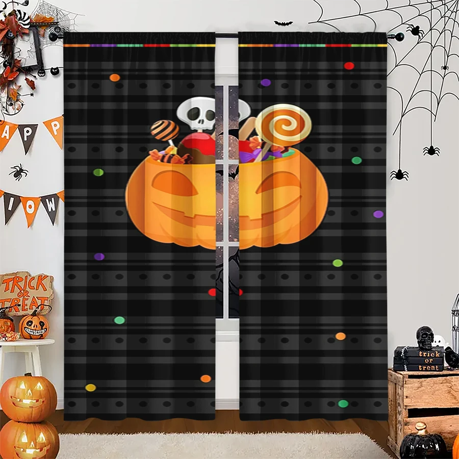 2PCS Digital Print Curtain, Pumpkin Candy Bucket Skull Lollipop Black, Halloween Sweet Treat for Bedroom Kitchen Decor