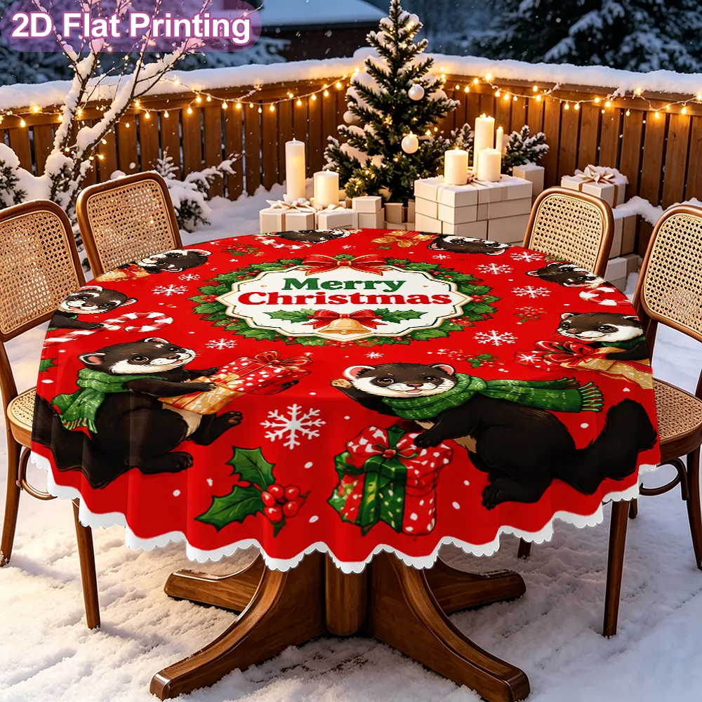 2D flat single tablecloth, merry christmas moth decorative art pattern, retro bohemian round tablecloth